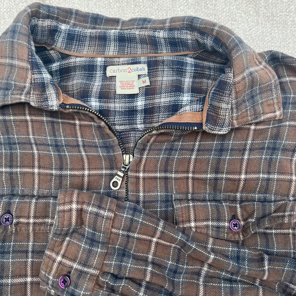 Carbon2Cobalt Mens Brown Blue Plaid Full Zip Flannel Shirt Jacket Size M Cotton